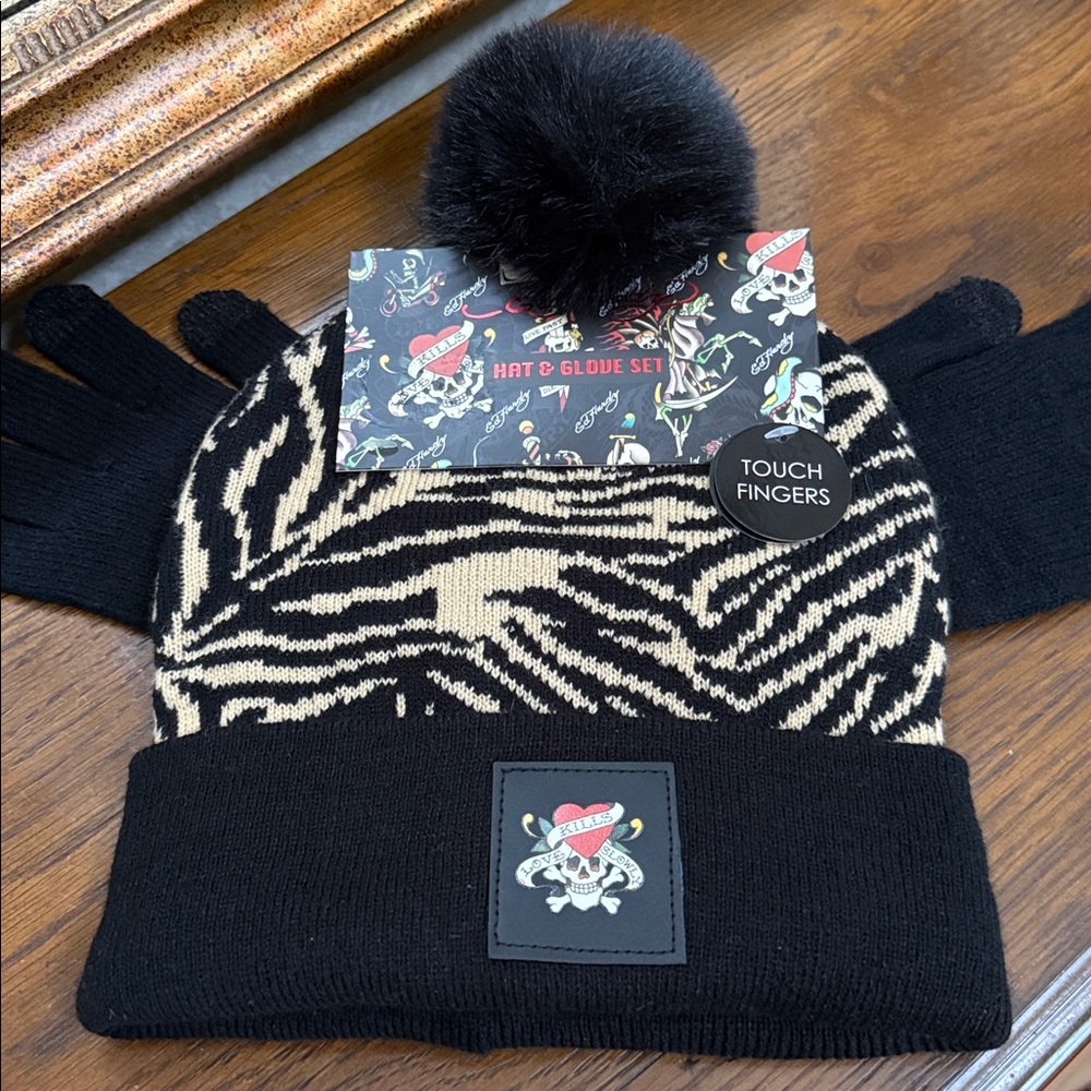 Ed Hardy Black and Tan Women’s Faux Fur Pom-Pom Hat and black Gloves. O/S.